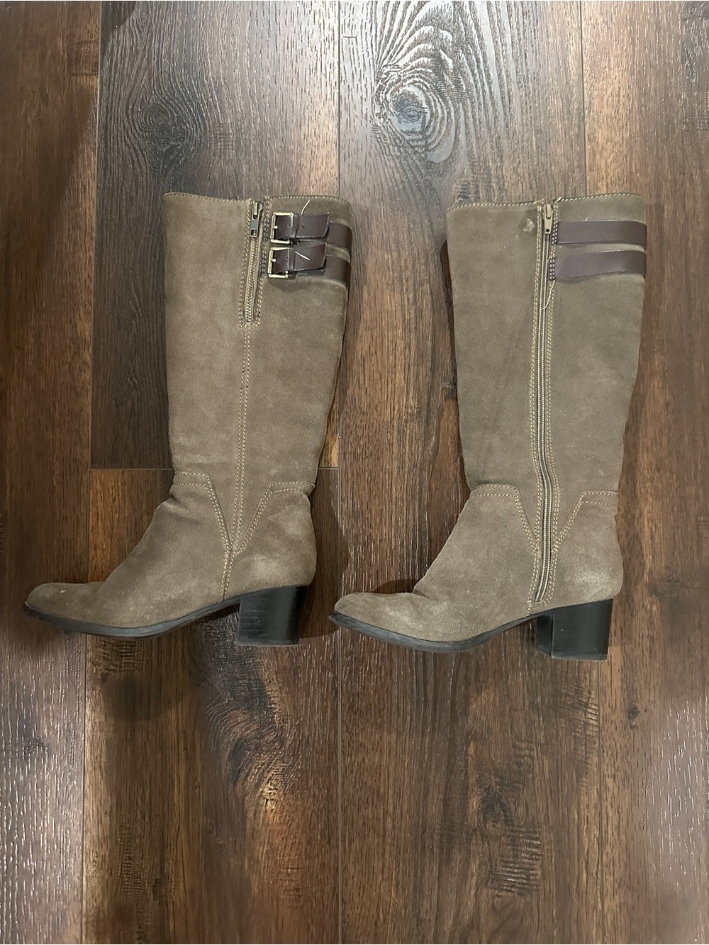 ANDREA Taupe Suede Mid-Calf Heeled Boots with Buckle Straps